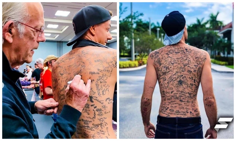 Sign up! The influencer set a world record by applying 225 tattoo autographs on his back