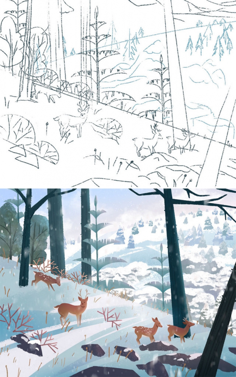 Sketch vs. Final: the artists show their work at the stage of sketch and finished