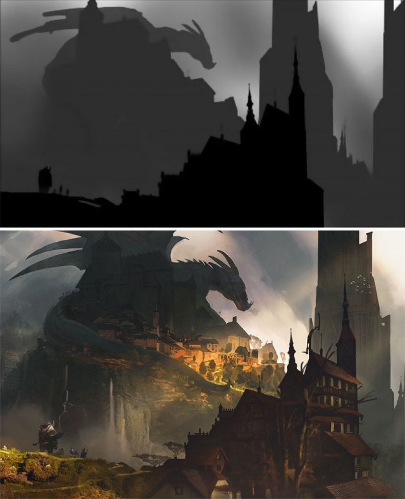 Sketch vs. Final: the artists show their work at the stage of sketch and finished