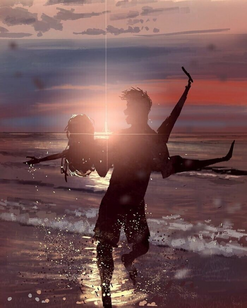 The artist documents the idyllic moments of life with his wife and children