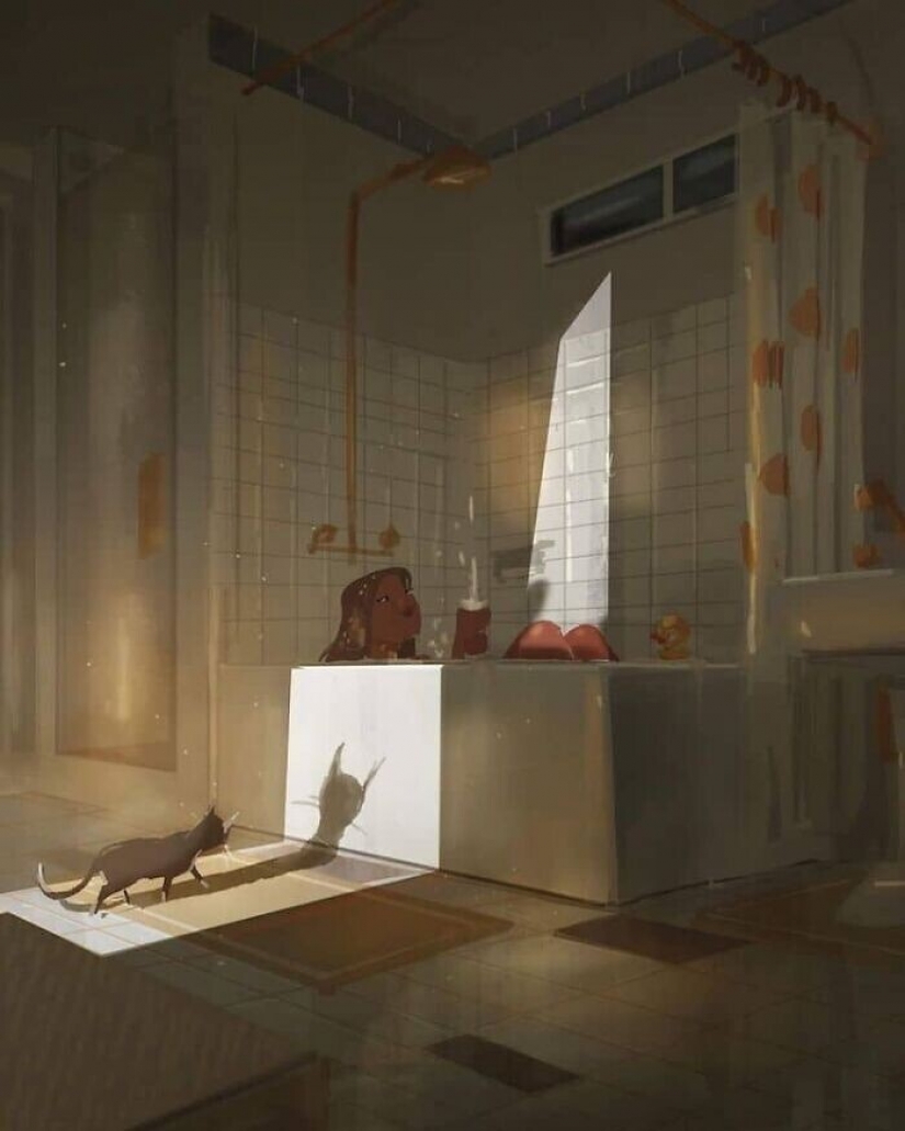 The artist documents the idyllic moments of life with his wife and children