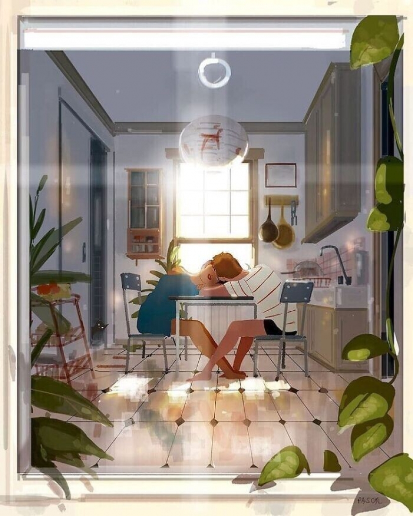 The artist documents the idyllic moments of life with his wife and children