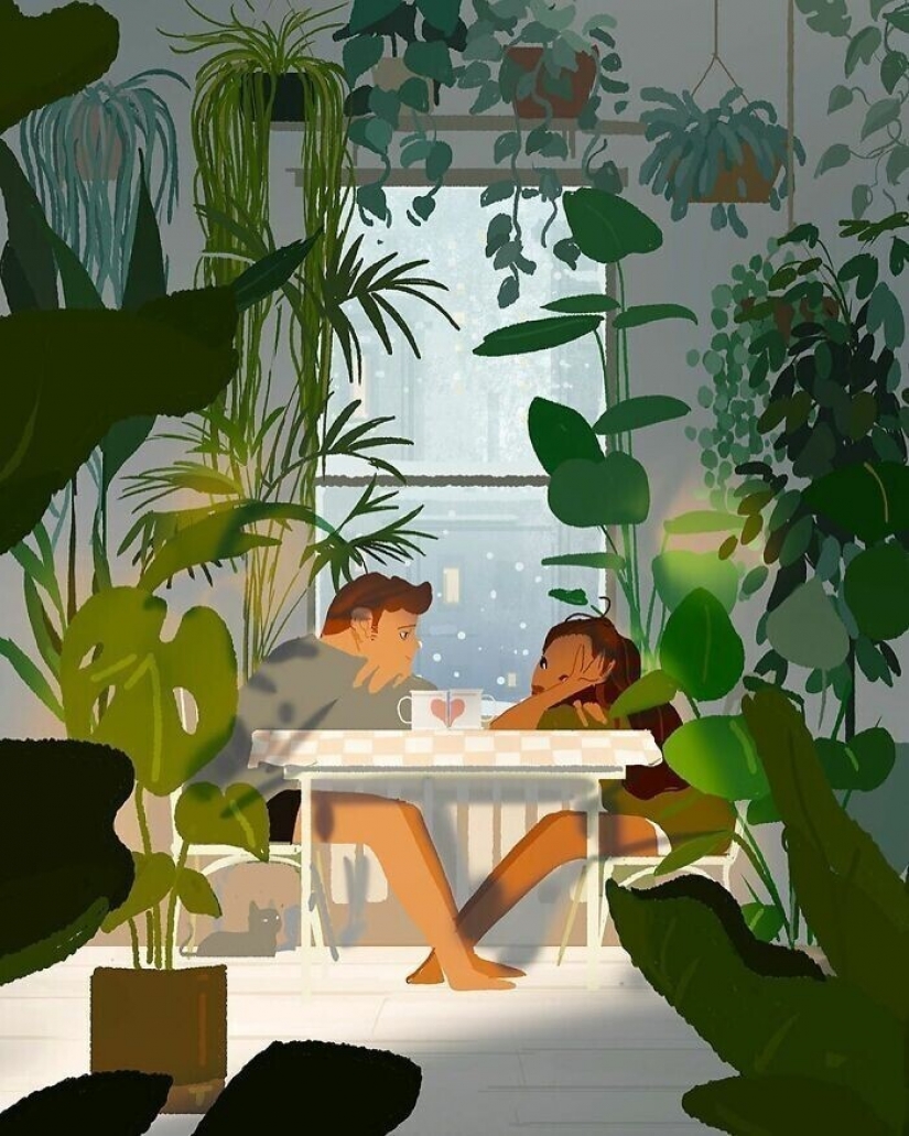 The artist documents the idyllic moments of life with his wife and children
