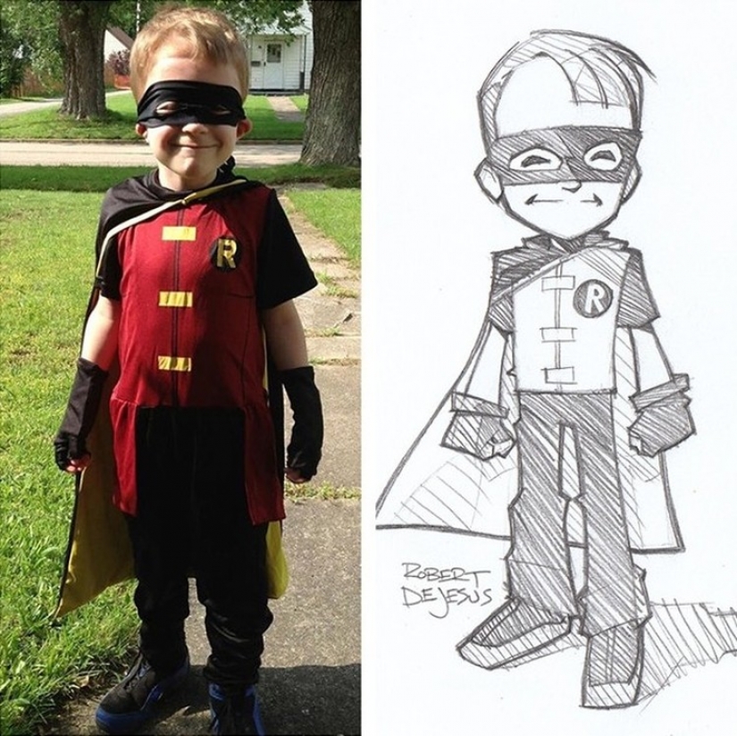 The artist draws cartoon versions of people