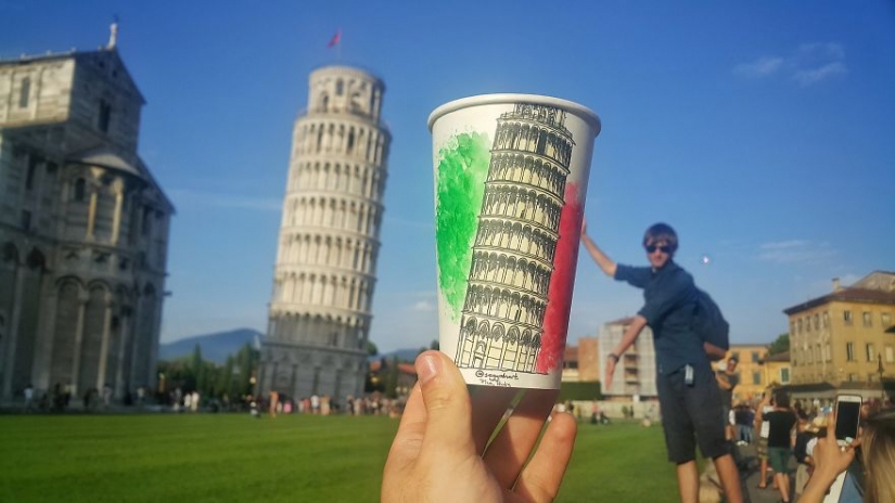 The artist travels the world and uses paper cups as canvas The artist travels the world and uses paper cups as canvas