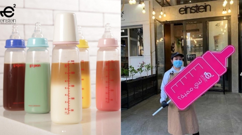The taste of childhood: the café in the middle East serves drinks in bottles with nipples