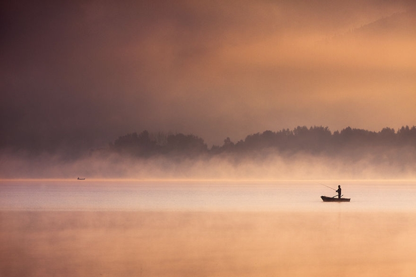 Vida de niebla en el lago