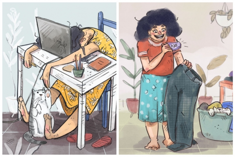 Vida en cuarentena con un gato en ilustraciones de la artista india Annada Menon