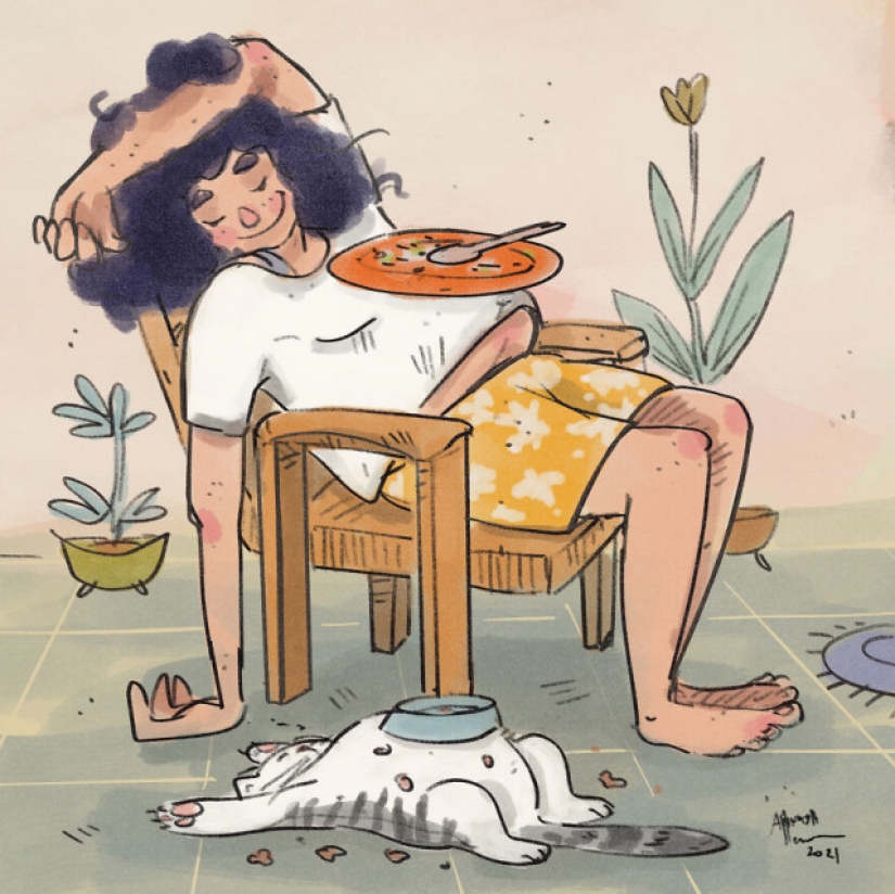 Vida en cuarentena con un gato en ilustraciones de la artista india Annada Menon