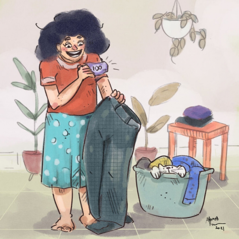Vida en cuarentena con un gato en ilustraciones de la artista india Annada Menon