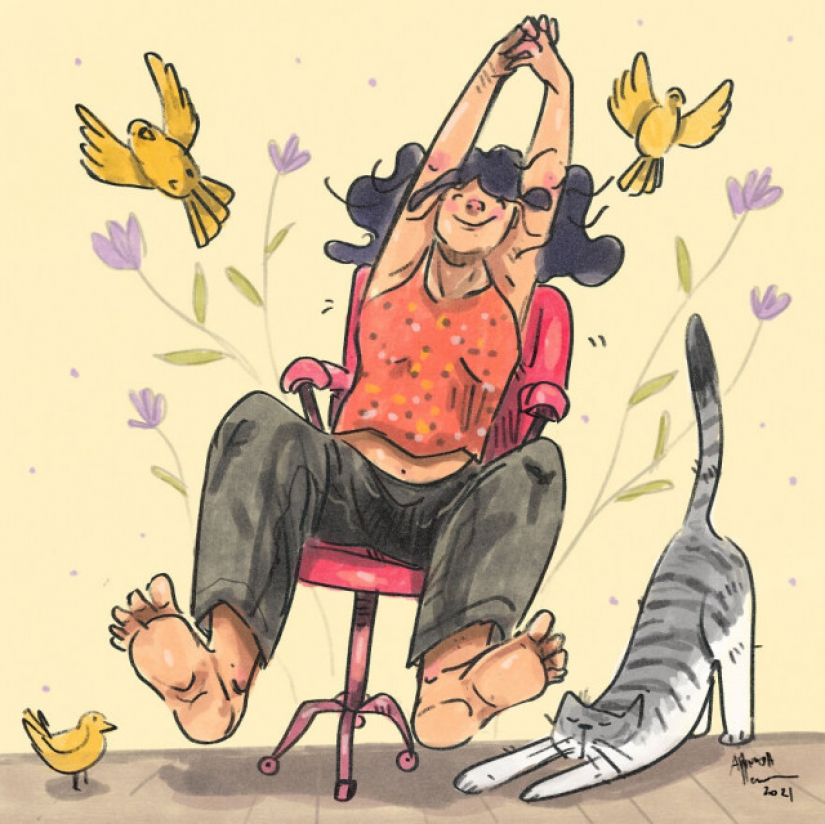 Vida en cuarentena con un gato en ilustraciones de la artista india Annada Menon