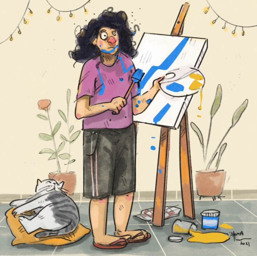 Vida en cuarentena con un gato en ilustraciones de la artista india Annada Menon