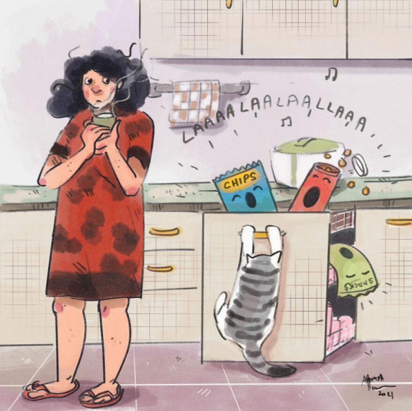 Vida en cuarentena con un gato en ilustraciones de la artista india Annada Menon