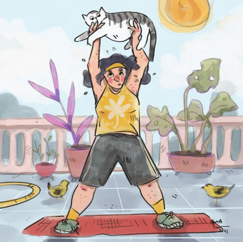 Vida en cuarentena con un gato en ilustraciones de la artista india Annada Menon