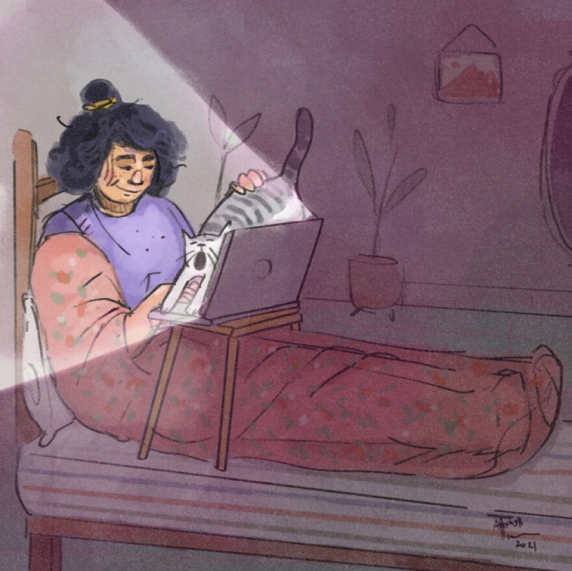Vida en cuarentena con un gato en ilustraciones de la artista india Annada Menon