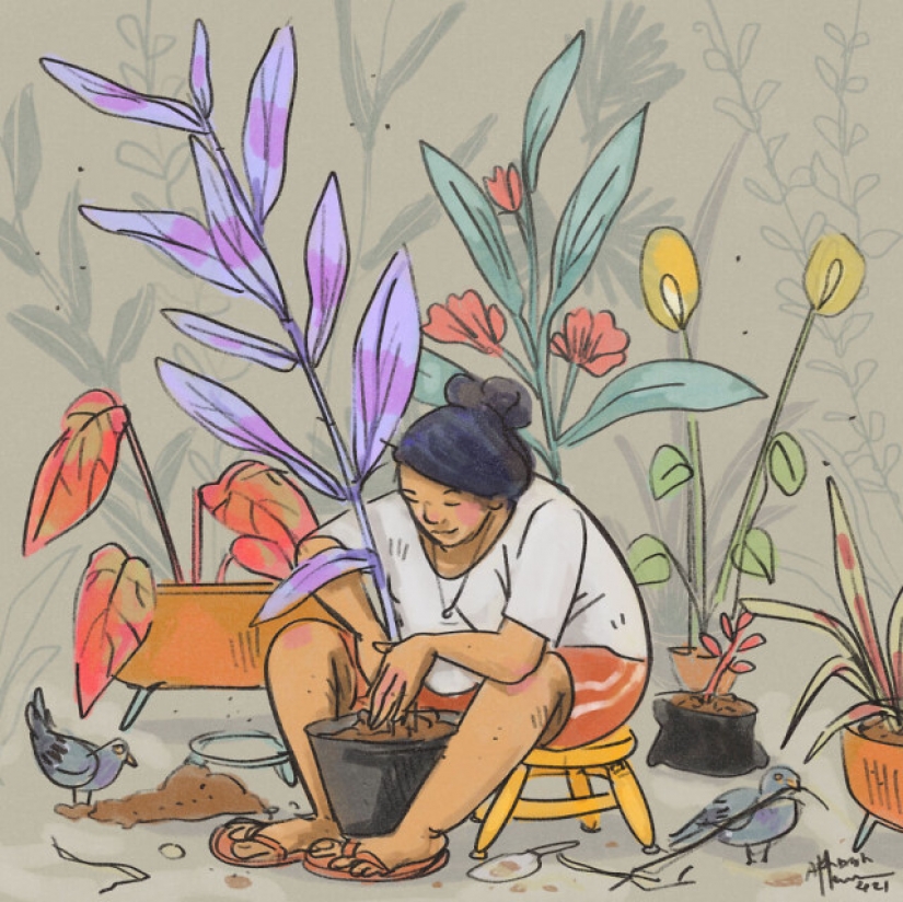 Vida en cuarentena con un gato en ilustraciones de la artista india Annada Menon