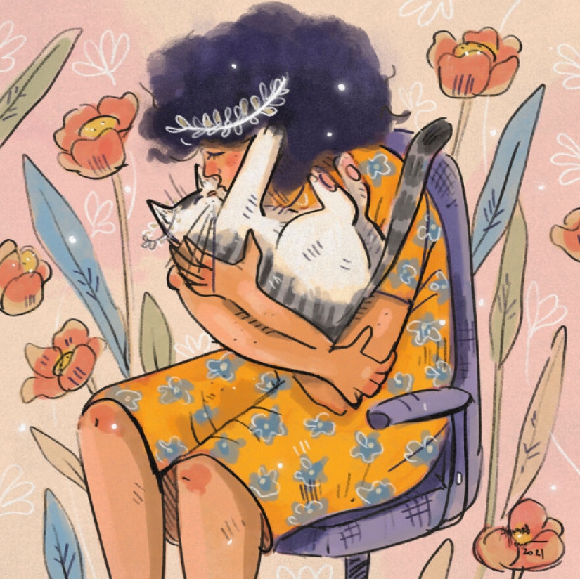 Vida en cuarentena con un gato en ilustraciones de la artista india Annada Menon