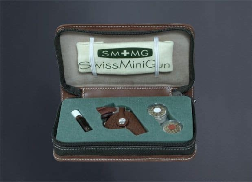 Yes, he's shooting! The smallest combat revolver was made in Switzerland