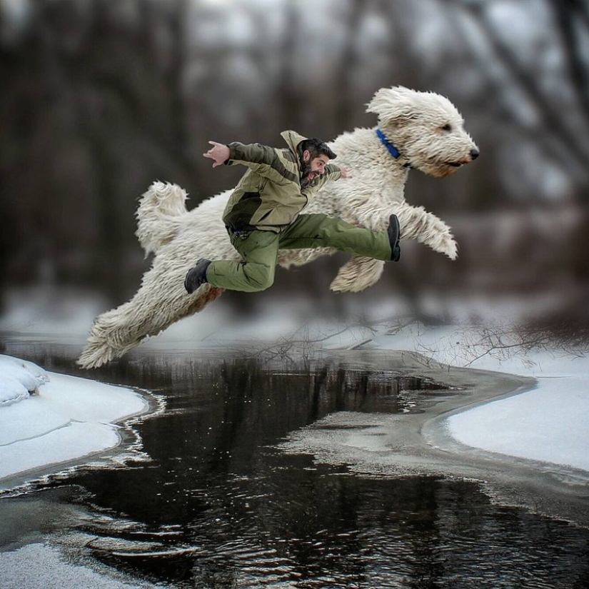 22 imágenes divertidas acerca de las increíbles aventuras de un fotógrafo y su perro gigante