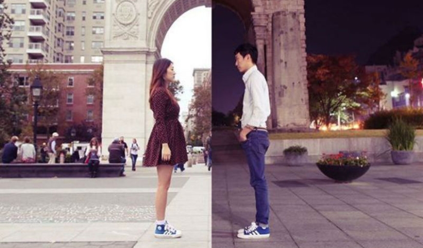 A couple in a long-distance relationship creates cool pictures where they are together