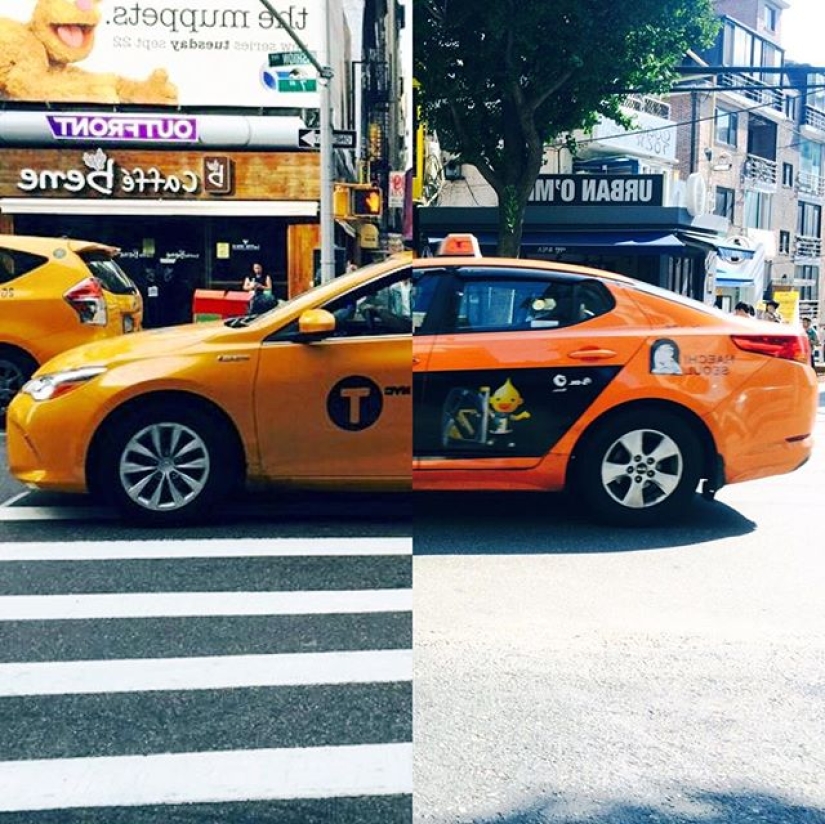 A couple in a long-distance relationship creates cool pictures where they are together