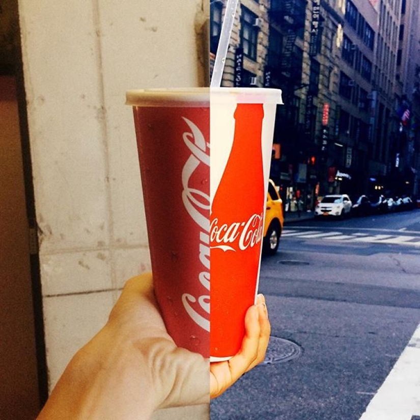 A couple in a long-distance relationship creates cool pictures where they are together