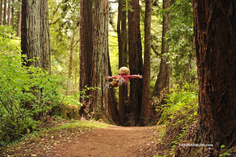 A loving father helps his "sunny" son to fly A loving father helps his "sunny" son to fly