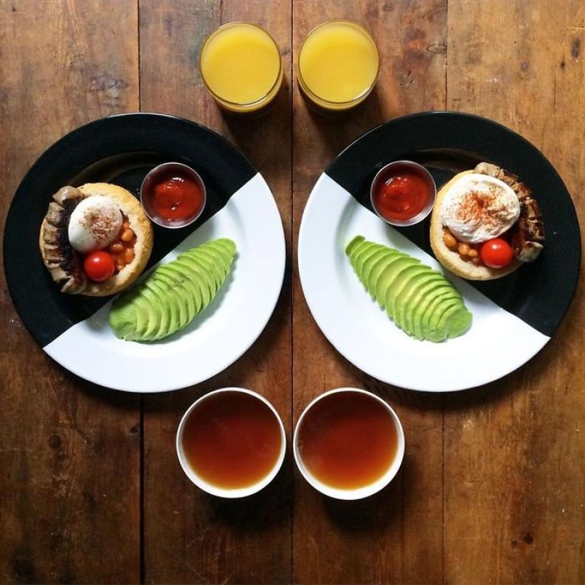 A man makes symmetrical breakfasts for his beloved every day A man makes symmetrical breakfasts for his beloved every day