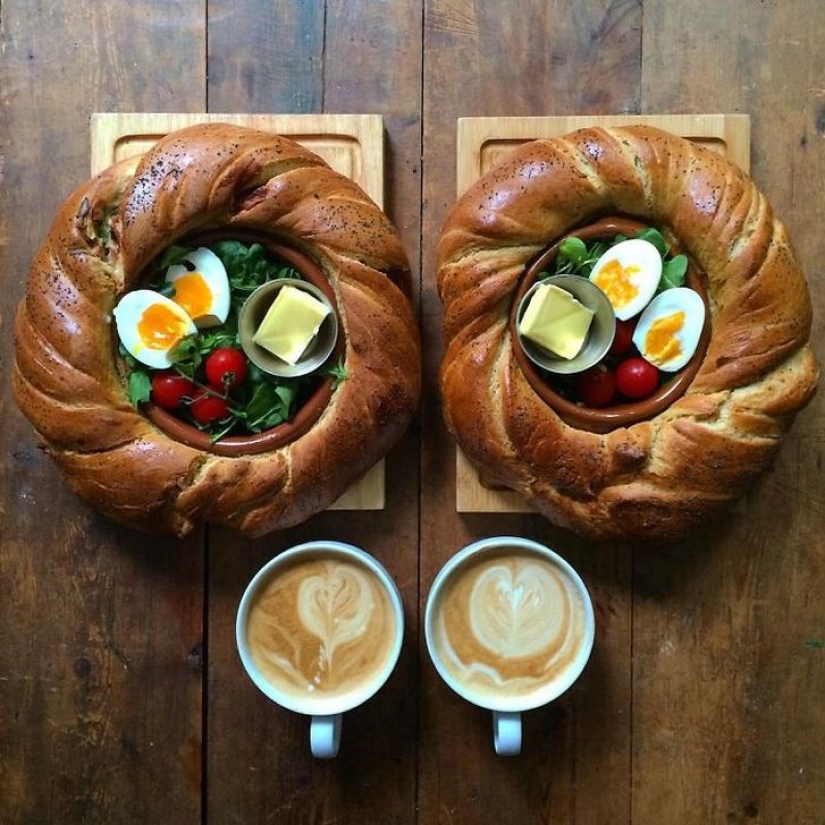 A man makes symmetrical breakfasts for his beloved every day A man makes symmetrical breakfasts for his beloved every day