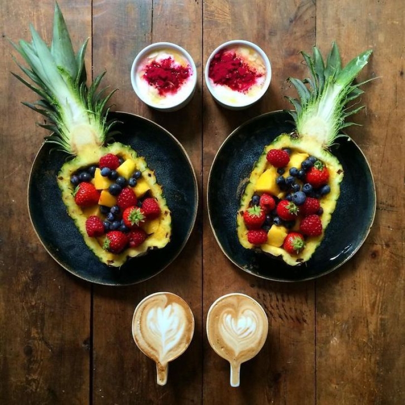 A man makes symmetrical breakfasts for his beloved every day A man makes symmetrical breakfasts for his beloved every day