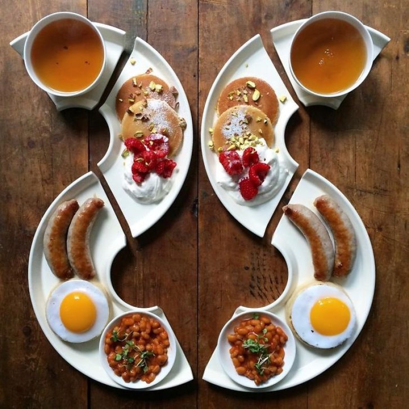 A man makes symmetrical breakfasts for his beloved every day A man makes symmetrical breakfasts for his beloved every day