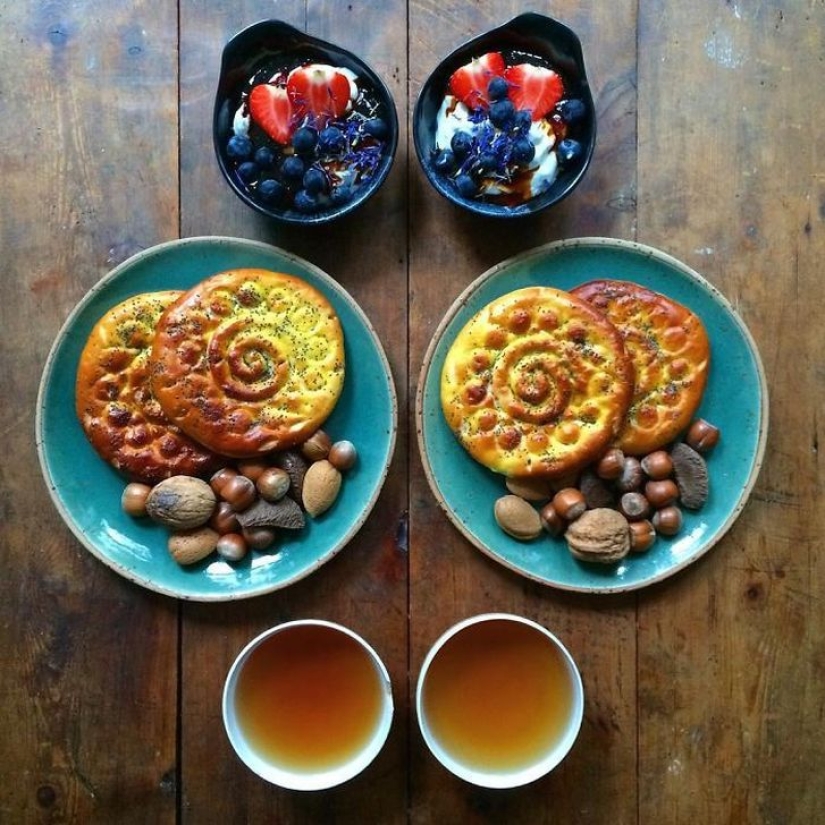 A man makes symmetrical breakfasts for his beloved every day A man makes symmetrical breakfasts for his beloved every day