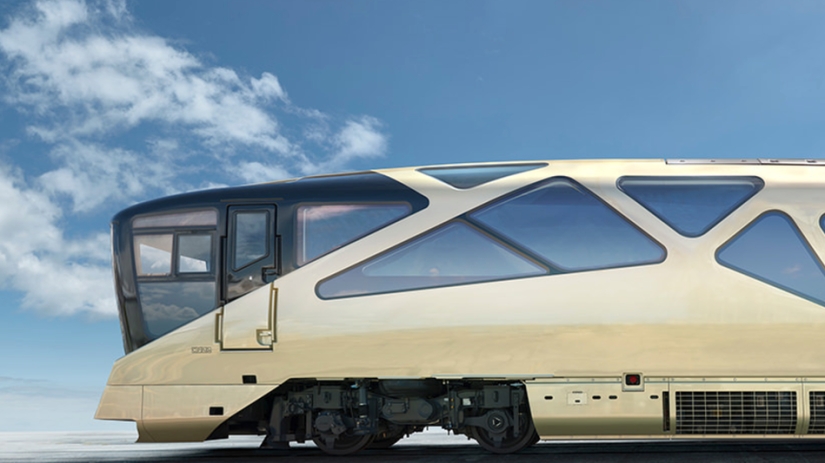 A new luxury train with two-story compartments and panoramic windows has been launched in Japan