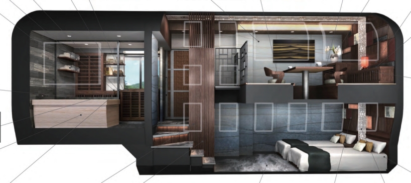 A new luxury train with two-story compartments and panoramic windows has been launched in Japan