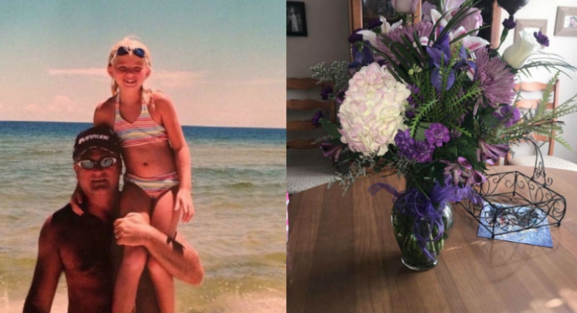 An American woman receives flowers for her birthday from her father who died five years ago