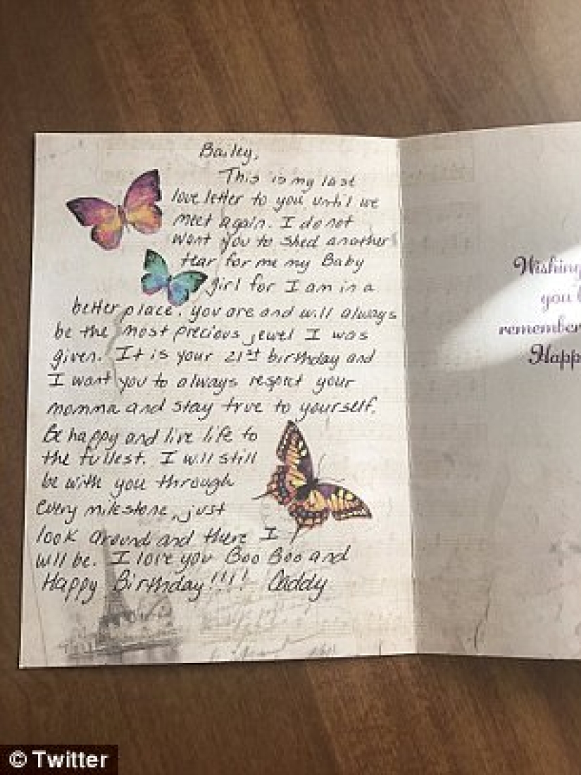 An American woman receives flowers for her birthday from her father who died five years ago