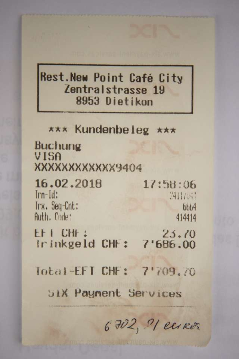 An unemployed Russian woman living in France mistakenly left six thousand euros in tips for coffee and a piece of cake An unemployed Russian woman living in France mistakenly left six thousand euros in tips for coffee and a piece of cake