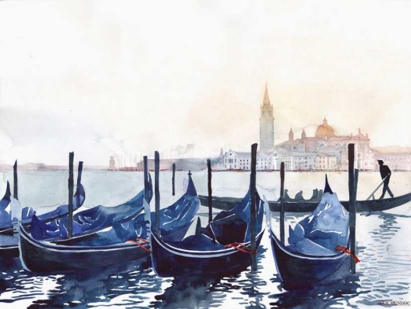 Architect draws famous cities of the world in watercolor