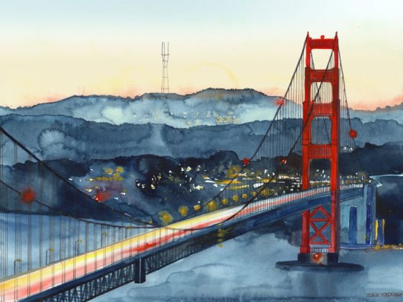 Architect draws famous cities of the world in watercolor
