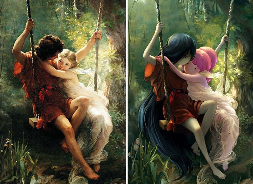 Artist adds anime characters to classic canvases