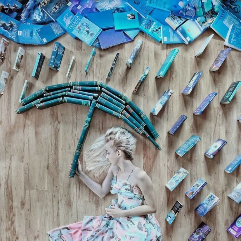 Books as art: a girl puts out colorful installations from her library