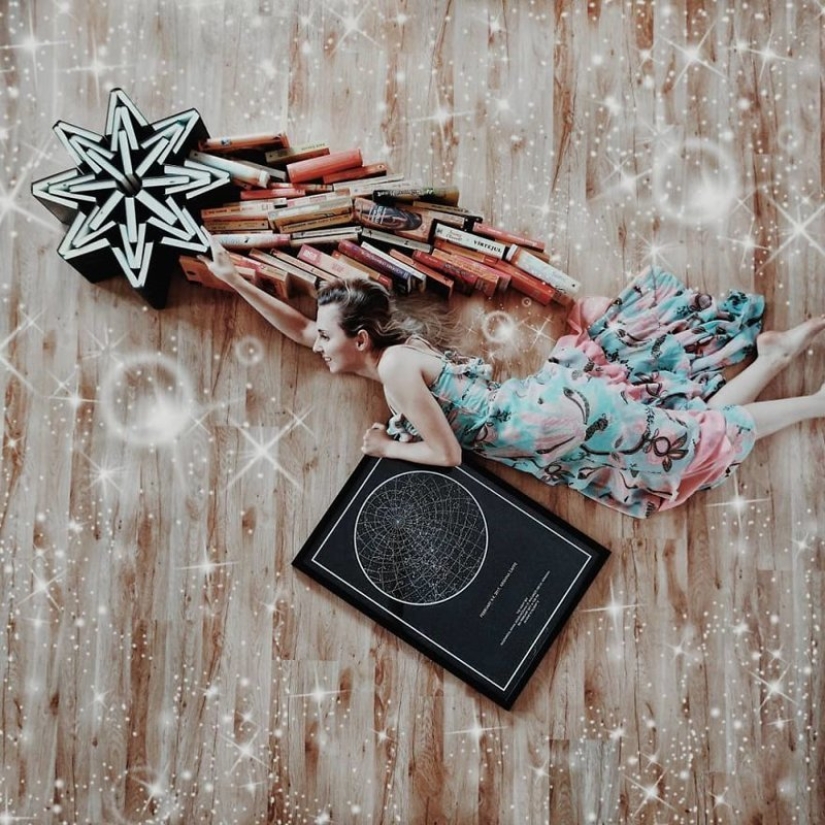 Books as art: a girl puts out colorful installations from her library