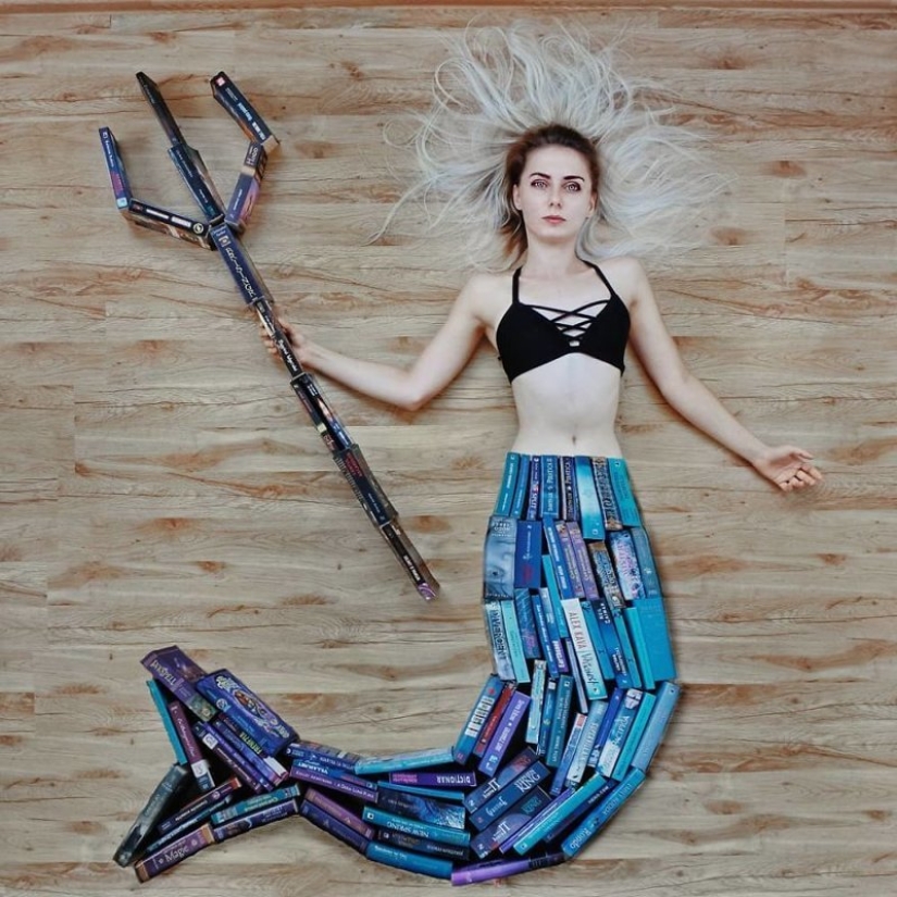 Books as art: a girl puts out colorful installations from her library