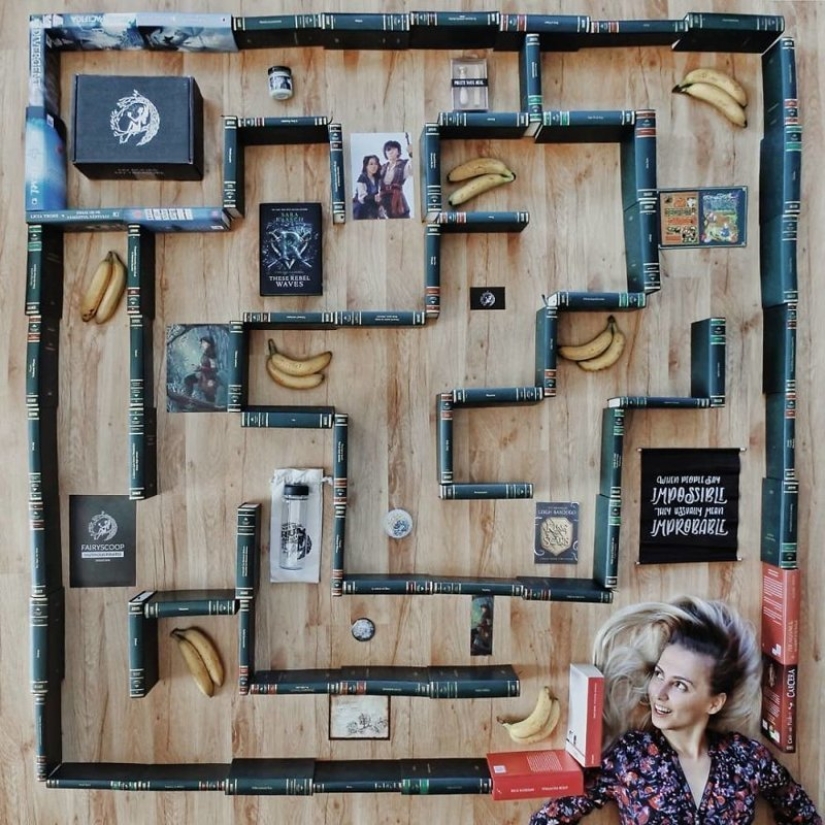 Books as art: a girl puts out colorful installations from her library