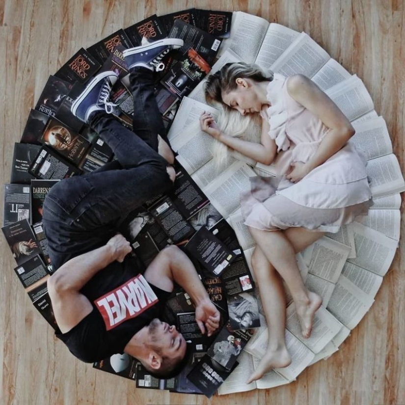 Books as art: a girl puts out colorful installations from her library