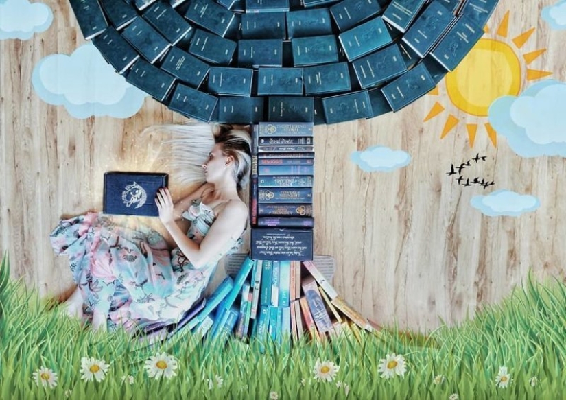 Books as art: a girl puts out colorful installations from her library