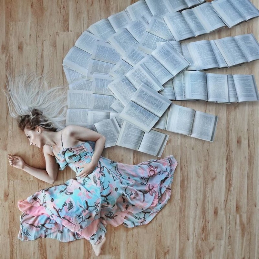 Books as art: a girl puts out colorful installations from her library