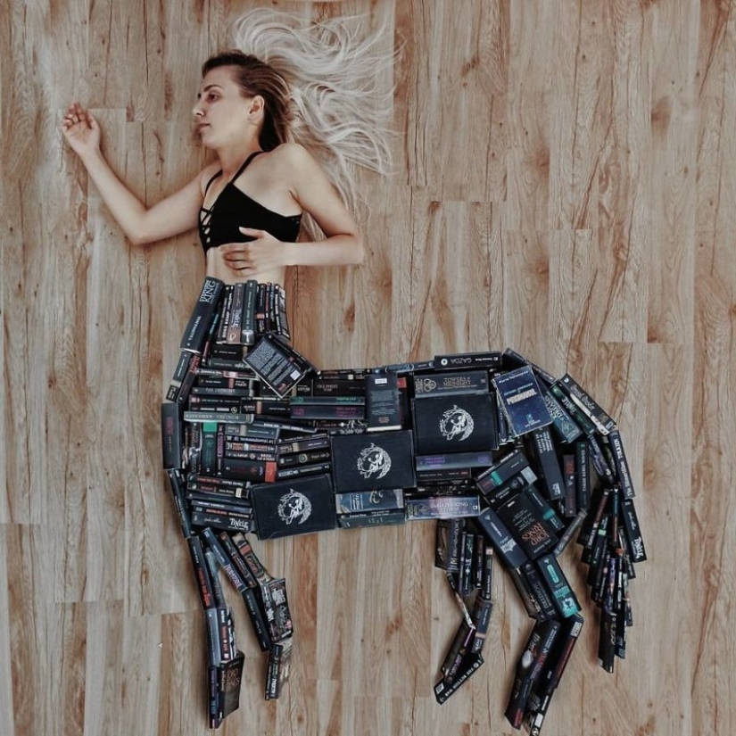 Books as art: a girl puts out colorful installations from her library