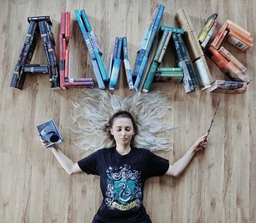 Books as art: a girl puts out colorful installations from her library