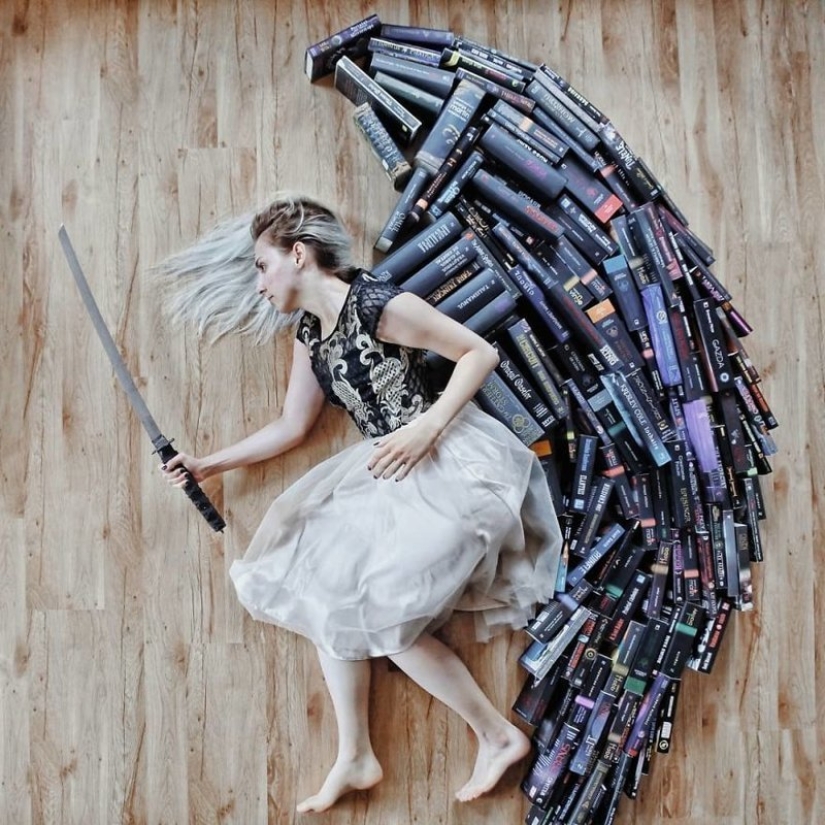 Books as art: a girl puts out colorful installations from her library